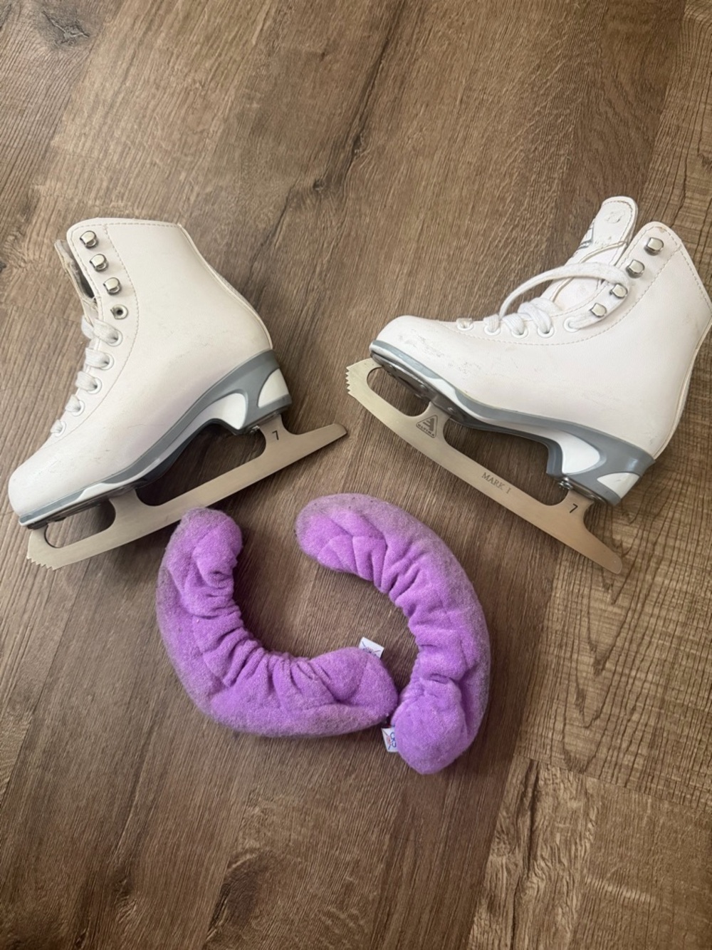 White Figure Ice Skates with Purple Skate Guards